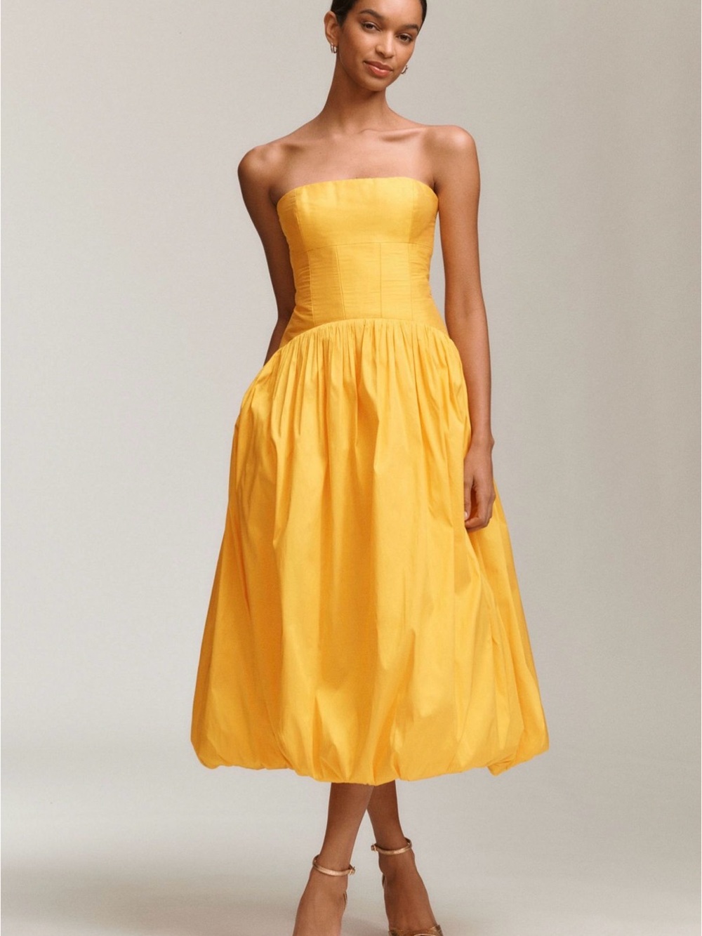 BHLDN Anthropologie Strapless Drop-Waist Bubble Midi Dress โ Yellow